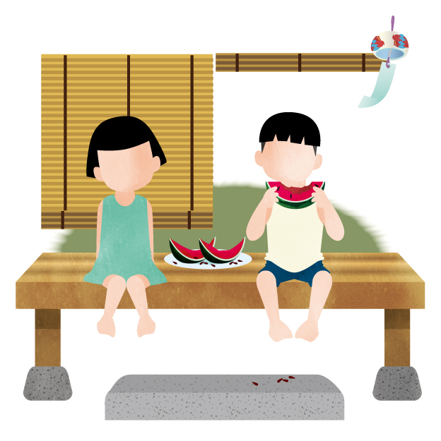縁側でスイカを食べて夕涼みをする子どもたち