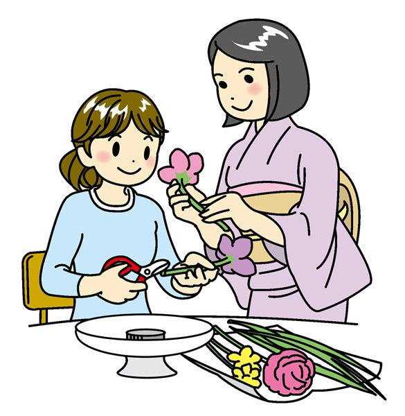 着物姿の先生に教わりながら花ばさみで花を切る生徒のイラスト