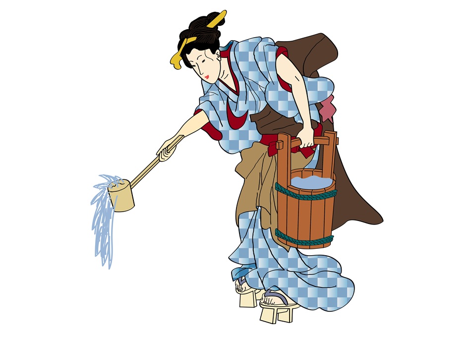 浴衣姿で打ち水をする女性