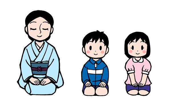着物姿の女性と子どもたちが正座しているイラスト