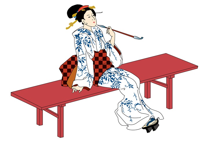 縁台に腰かけて煙管をふかす浴衣姿の女性