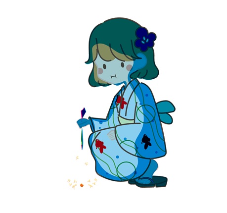 しゃがんで線香花火をする浴衣姿の女の子のイラスト