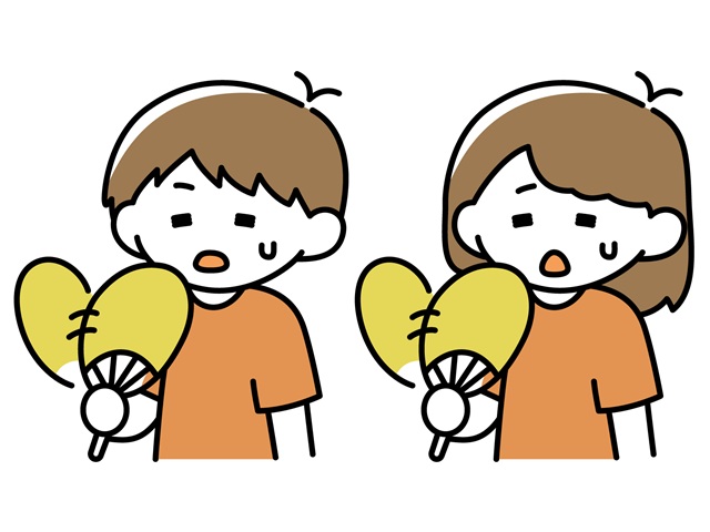 うちわであおいで涼む男の子と女の子のイラスト