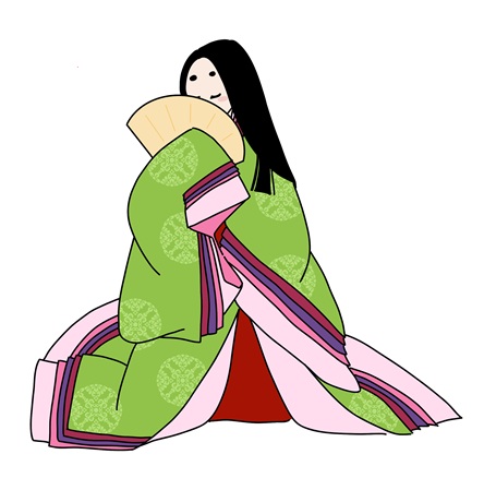 檜扇で顔を隠す十二単の女性のイラスト