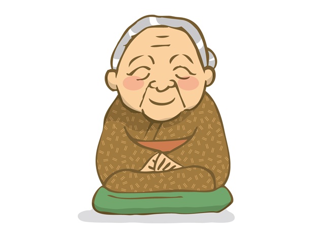 座布団に正座する着物姿のおばあさんのイラスト