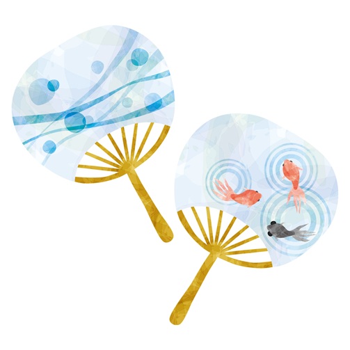 金魚と水玉を描いた2本のうちわのイラスト