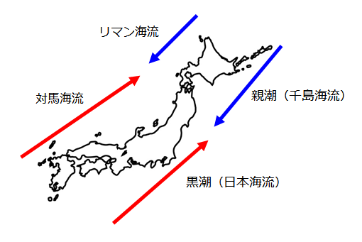 日本周辺の海流(対馬海流・リマン海流・黒潮・親潮)
