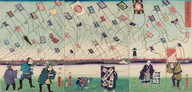 大勢の人が空一面に凧を揚げている様子を描いた浮世絵