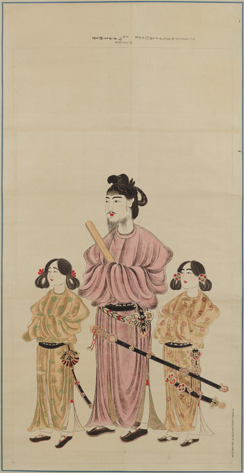 一万円札に使われた聖徳太子の肖像画。中央に太子、左右に2人の子どもが描かれている