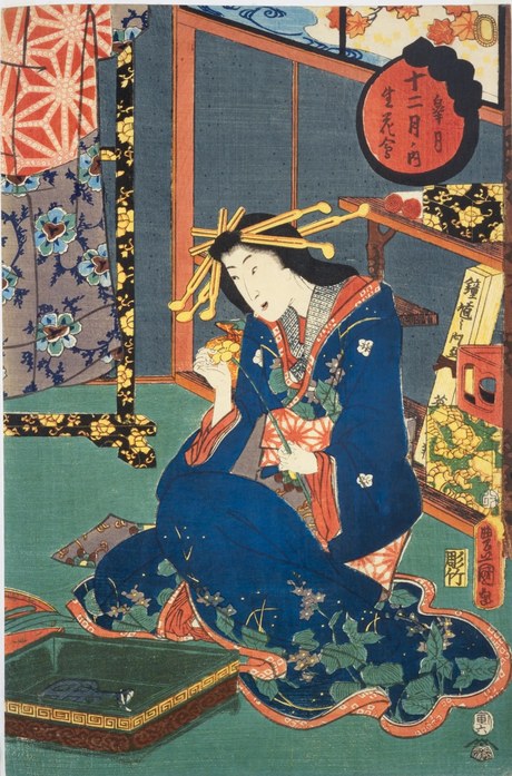 水盤の前で花を生ける女性を描いた「皐月 十二ヶ月ノ内 生花會」の錦絵