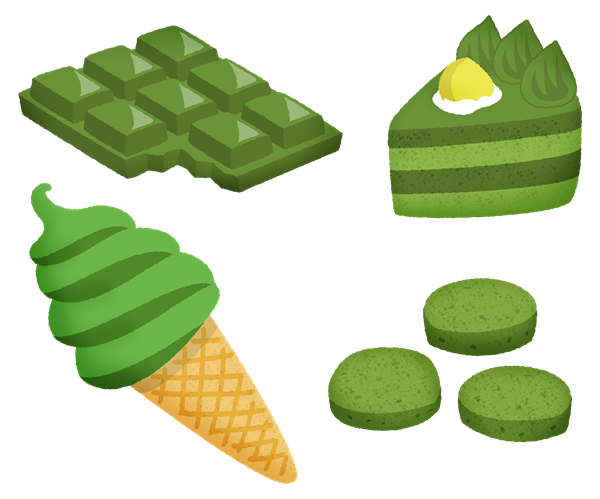 抹茶のチョコレートやケーキ、アイスクリームのイラスト
