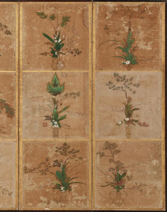 花器に生けられた立花が六つ描かれた「立花図屏風」