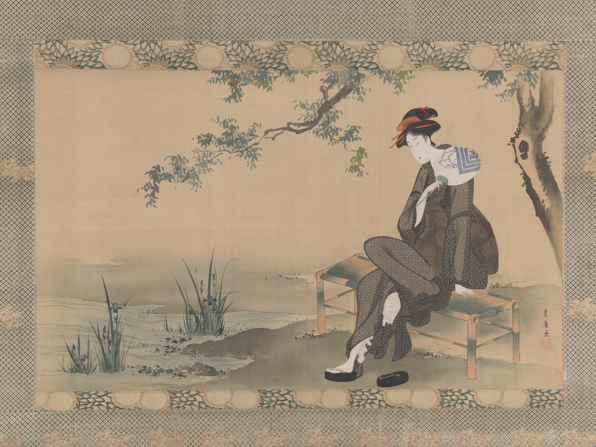 うちわを手に涼をとる女性を描いた歌川豊広の浮世絵(1800年ごろ)