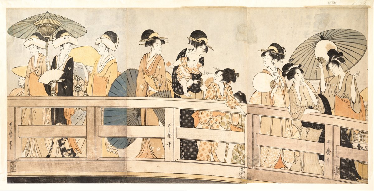 橋の上でうちわと扇子を手に涼む人々を描いた喜多川歌麿の浮世絵
