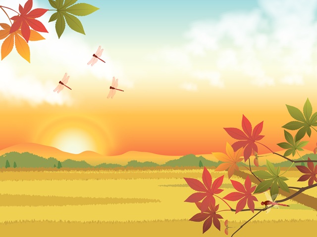夕焼けの空を飛ぶ赤とんぼと紅葉のイラスト