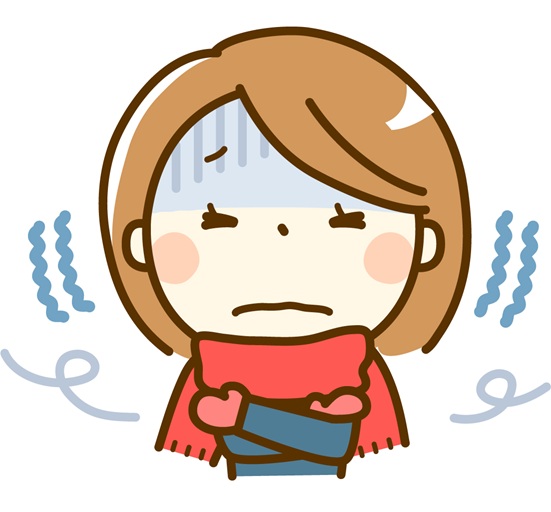 マフラーを巻いて寒さに震える女性のイラスト