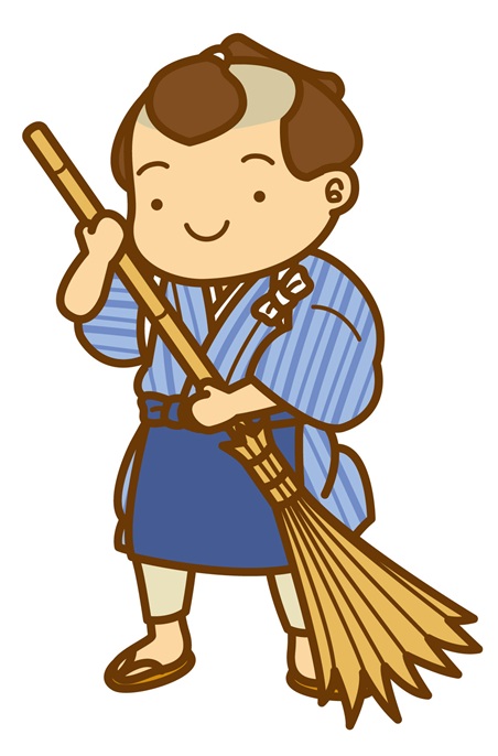 ほうきを持つ江戸時代の丁稚(でっち)