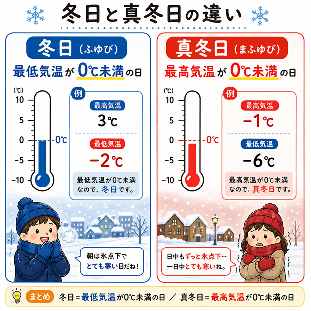 冬日と真冬日の違いを温度計と気温の例で示した図