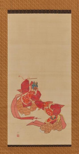 舞楽の陵王と還城楽を舞う姿を描いた掛け軸