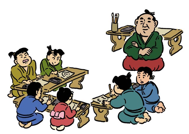 寺子屋で師匠が見守るなか、子どもたちが机に向かって筆で字を書くイラスト