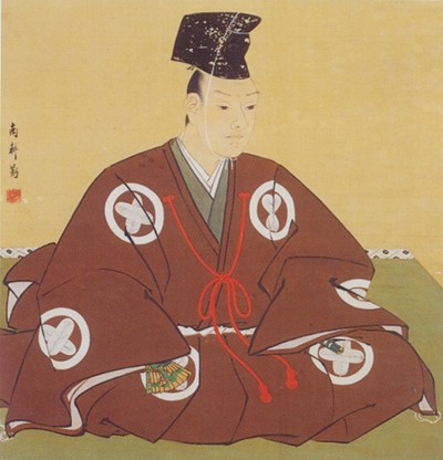 烏帽子をかぶり、家紋の入った着物で座る浅野内匠頭の肖像画