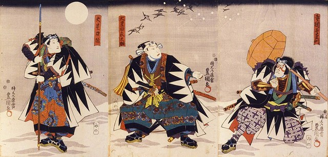 歌舞伎『仮名手本忠臣蔵』の役者たちを横長に並べて描いた色鮮やかな浮世絵