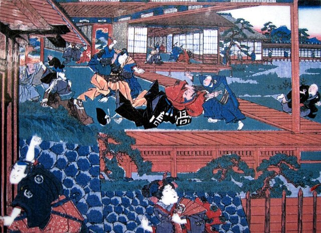 江戸城の廊下で刀を抜いた侍が相手に切りかかり、周りの者が止めに入る場面を描いた浮世絵