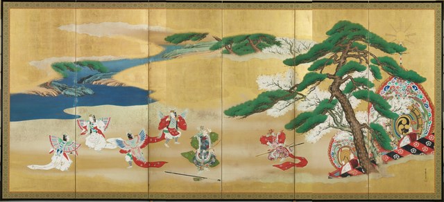 金地の屏風に、松と川辺を背に舞楽を舞う人々を描いた舞楽図屏風