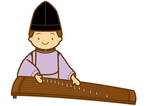 雅楽の装束で箏を弾く楽師のイラスト