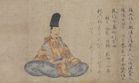 黒い冠に装束姿で座る清原元輔と和歌の書
