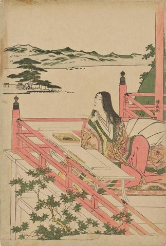 机に向かって外を眺める十二単の女性、紫式部