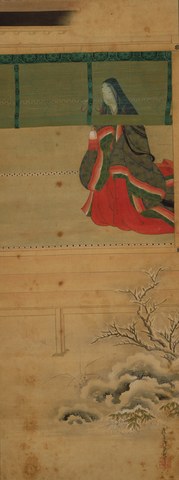 御簾の内に座る十二単の女性と雪の庭、清少納言