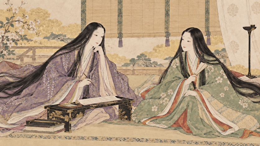 紫と緑の十二単を着た2人の女性が、文机のそばで向かい合って語らうイラスト